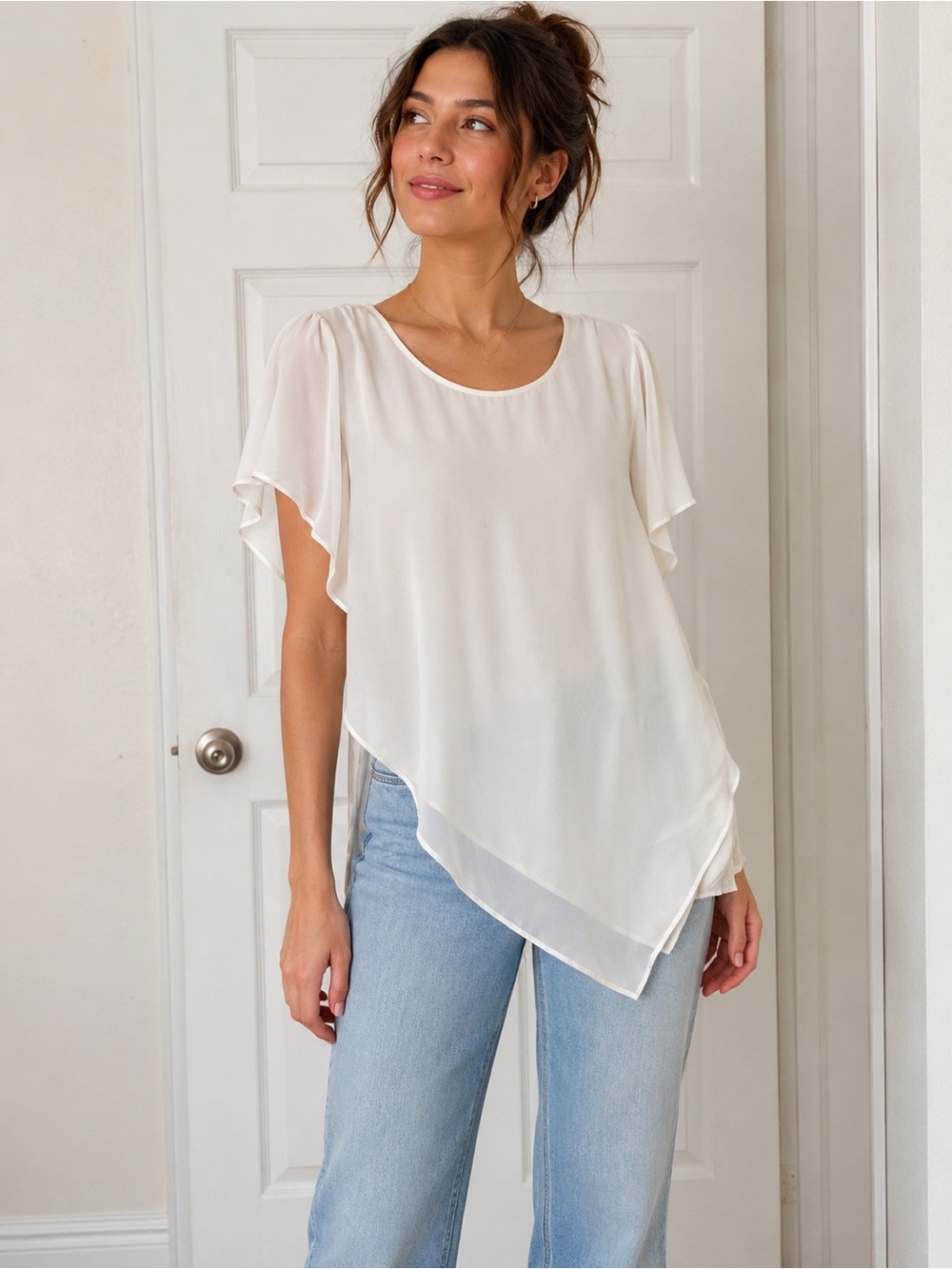 Alyx Cream Sheer Layered Asymmetrical Flutter Sleeve Blouse